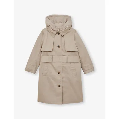 Reiss Kids' Stone Astrid Detachable-hood Cotton Blend Trench Coat In Brown