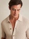 Reiss Stone Basketweave Knit Button Through Cotton Blend Shirt In Gray