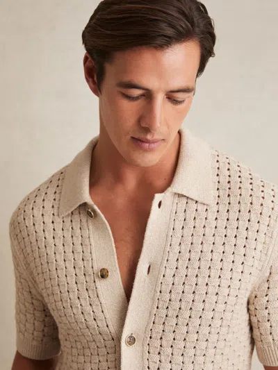 Reiss Stone Basketweave Knit Button Through Cotton Blend Shirt In Gray
