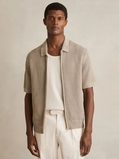 Reiss Stone Comet Textured-knit Zip-through Shirt In Gray