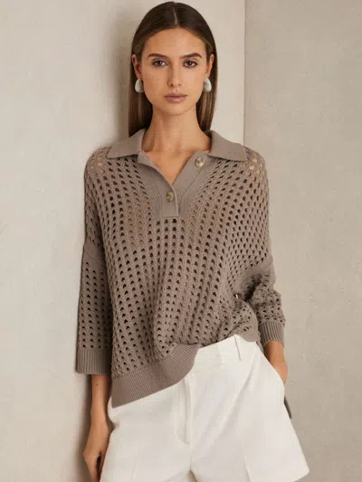 Reiss Stone Cotton Crochet Collared Jumper In Gray