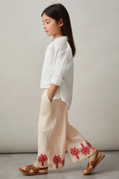 Reiss Kids' Stone Cotton-linen Palm Embroidery Trousers