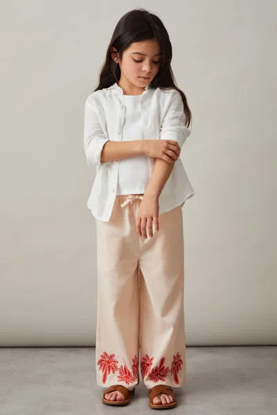 REISS STONE CATE COTTON LINEN PALM EMBROIDERY TROUSERS
