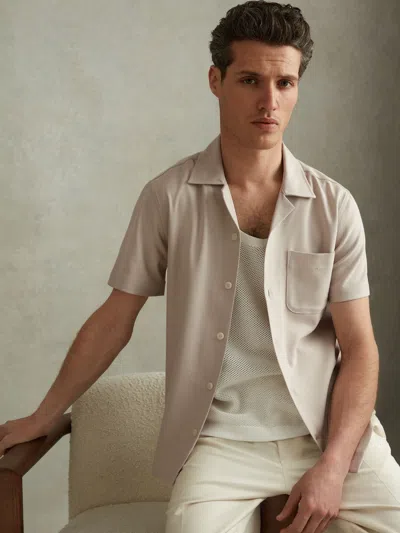 REISS STONE HERRINGBONE CUBAN COLLAR SHIRT