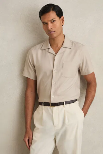Reiss Stone Herringbone Twill Cuban Collar Short Sleeve Shirt