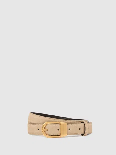 Reiss Stone Leather Curved-buckle Belt In Neutral