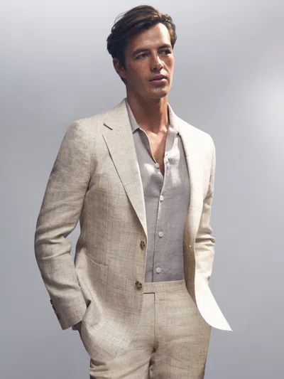Reiss Stone Linen-cotton Single-breasted Suit Blazer Slim-fit In Neutral