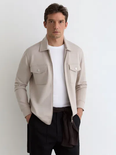 Reiss Stone Premium Interlock Zip-through Overshirt In Gray