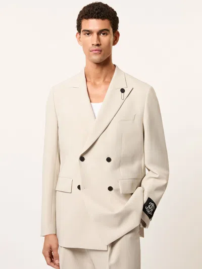 Reiss Stone Monogram Relaxed Double-breasted Blazer In Neutral