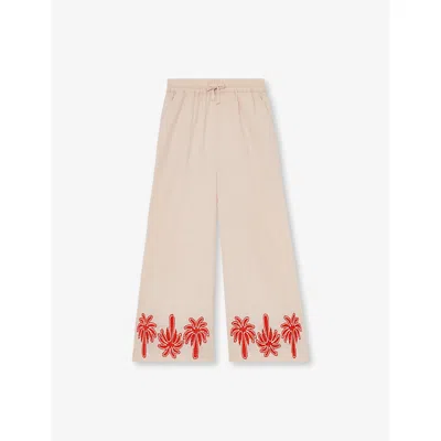 REISS STONE PALM-PRINT DRAWSTRING-WAIST COTTON AND LINEN-BLEND TROUSERS 4-13