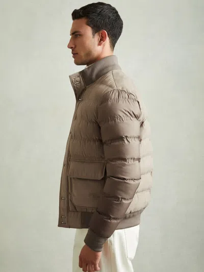 Reiss Stone Patch-pocket Quilted-alcantara Jacket In Gray