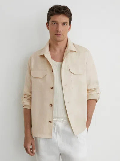 Reiss Stone Polasio Linen Herringbone-stripe Regular-fit Shirt In Neutral