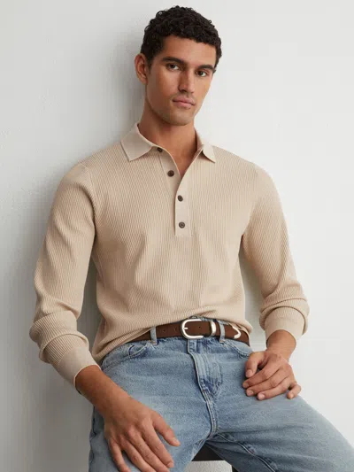 Reiss Stone Ribbed Half-button Polo Shirt In Neutral