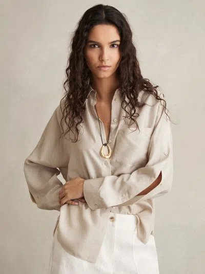 Reiss Stone Silk Button Sleeve Shirt In Gray