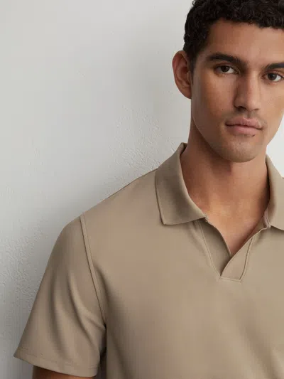 Reiss Stone Textured Open-collar Polo Shirt In Brown