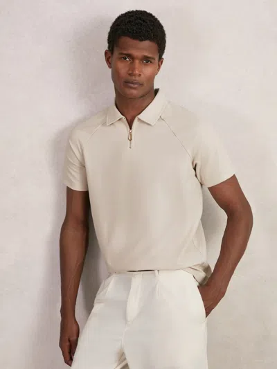 Reiss Stone Textured Raglan Half-zip Polo Shirt In Neutral
