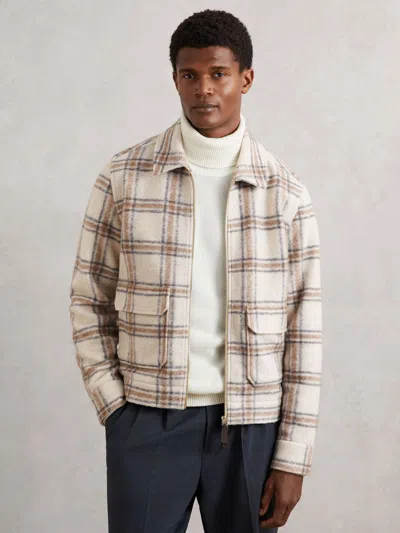 REISS REISS STONE VARENA ZIP-THROUGH CHECK OVERSHIRT WITH WOOL