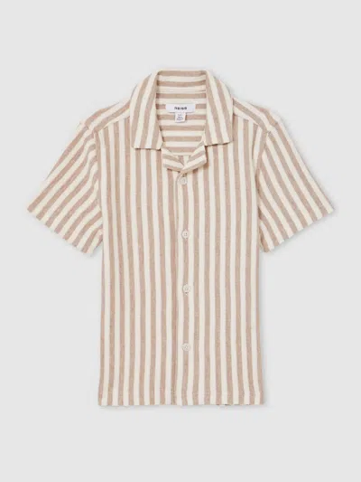 REISS REISS STONE/WHITE TRIG 13-14 YRS TEXTURED STRIPE CUBAN-COLLAR SHIRT