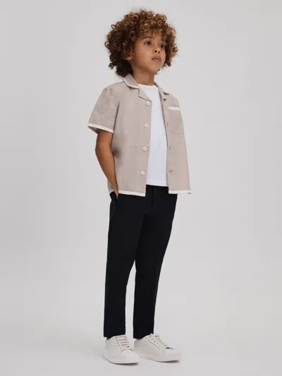 Reiss Stone/white Vitan 9-13 Yrs Linen Contrast Cuban Collar Shirt In Neutral