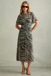 Reiss Tabitha Animal-print Ruched Woven Midi Dress In Black/grey
