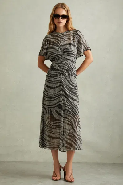 Reiss Tabitha Animal-print Ruched Woven Midi Dress In Black/grey