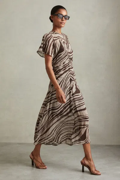 Reiss Brown/cream Tabitha Animal Printed Midi Dress