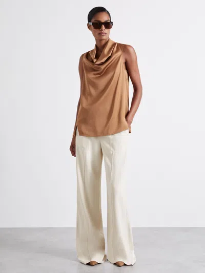 Reiss Tan Atelier Satin Cowl-neck Top In Brown