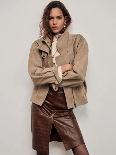 Reiss Tan Brown Della Leather Croc-embossed Midi Pencil Skirt