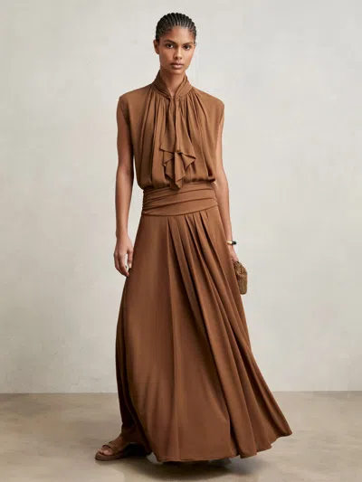 Reiss Tan Brown Jersey Ruched-waist Maxi Skirt