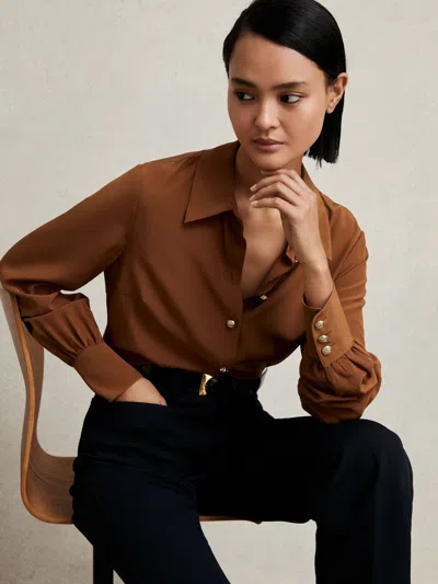 Reiss Tan Brown Silk Embossed-button Shirt