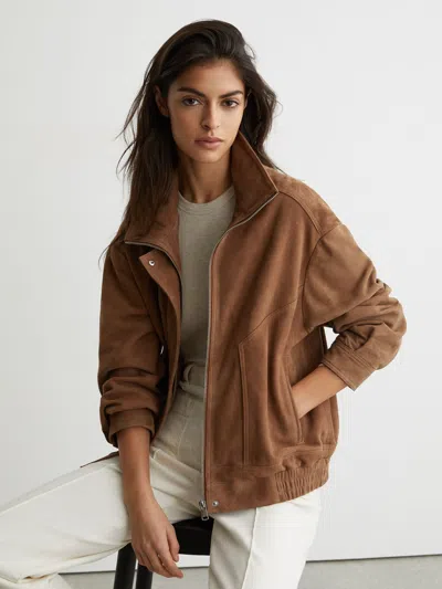 Reiss Tan Kiara Petite Suede Funnel-neck Bomber Jacket In Brown