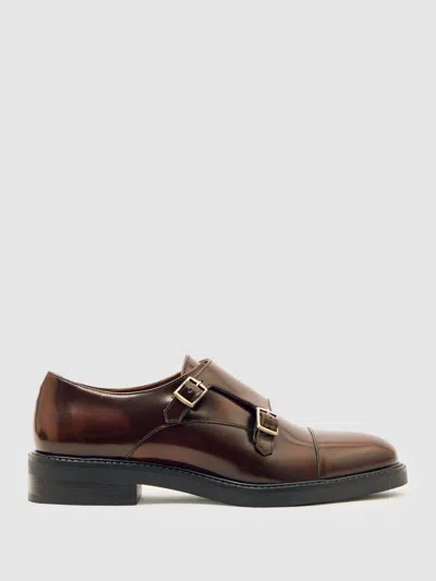 Reiss Tan Leather Double-strap Monk Shoes In Brown