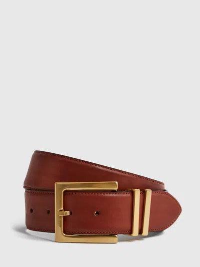 Reiss Tan Leather Square Buckle Belt In Brown