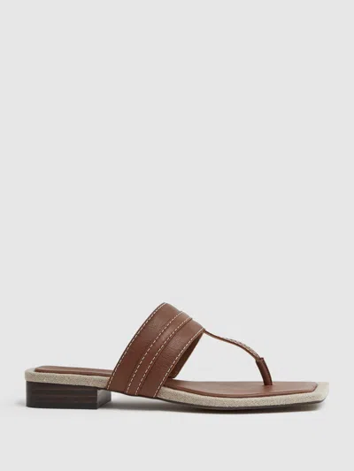 REISS TAN LEATHER STRAP THONG SANDALS