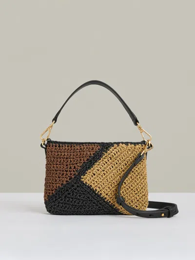Reiss Tan Raffia Colour-block Crossbody Bag In Brown