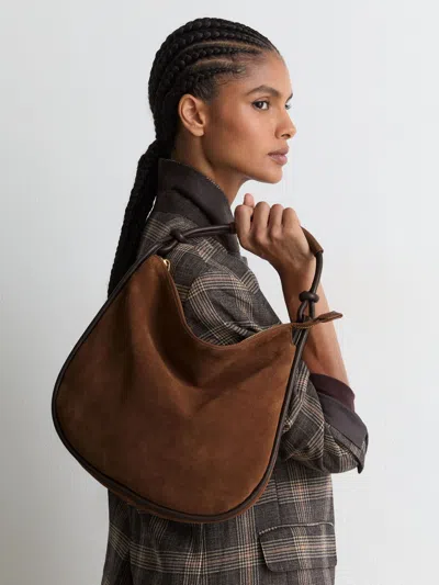 Reiss Tan Suede And Leather Curved Shoulder Bag