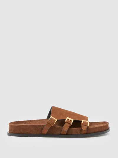 Reiss Tan Suede Buckle-strap Slip-on Sandals In Brown