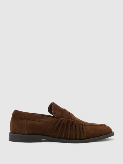 Reiss Tan Suede Ruched Penny Loafers In Brown
