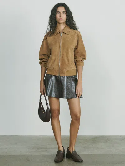 Reiss Tan Suede Zip Through Bomber Jacket In Brown