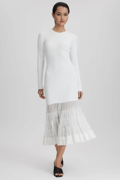 Reiss Tasmin - Cream Knitted Sheer Flared Midi Dress, L