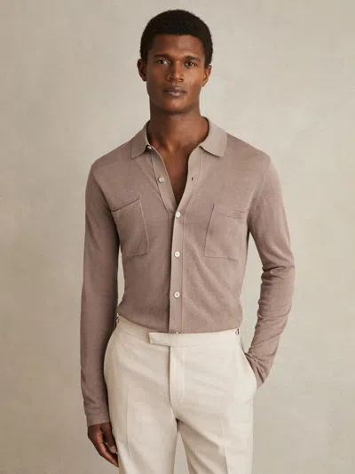Reiss Taupe Brown Button-through Knit Shirt With Linen