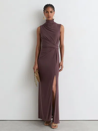 Reiss Taupe Brown Dylan Petite Draped-detail Sleeveless Maxi Dress