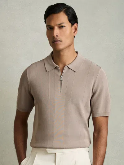Reiss Taupe Brown Half-zip Textured-knit Polo Shirt In Gray