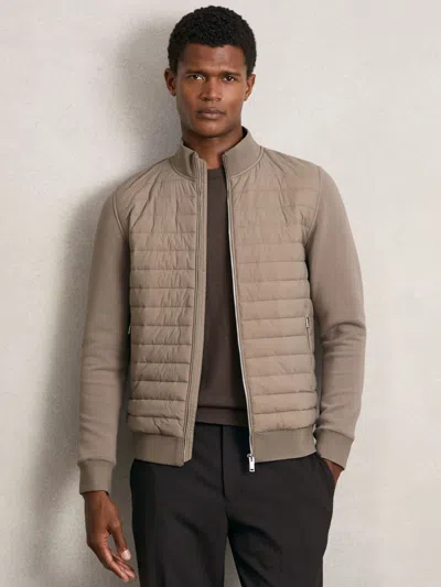 Reiss Taupe Brown Interlock Hybrid Funnel-neck Jacket