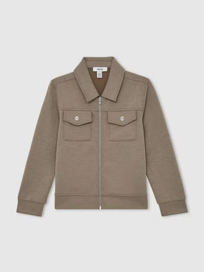 Reiss Taupe Brown Interlock Zip Through Overshirt
