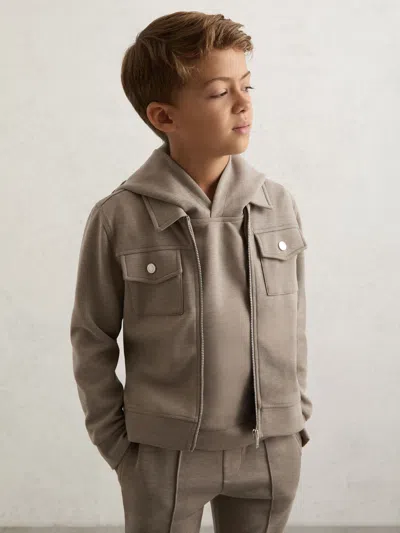 REISS TAUPE BROWN INTERLOCK ZIP THROUGH OVERSHIRT