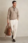 Reiss Taupe Brown Leather-placket Interlock Sweatshirt