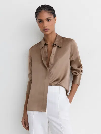 Reiss Taupe Brown Petite Silk-satin Concealed-placket Shirt