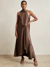 Reiss Womens Taupe Brown Michelle Cowl-neck Side-tuck Satin Midi Dress In Brown