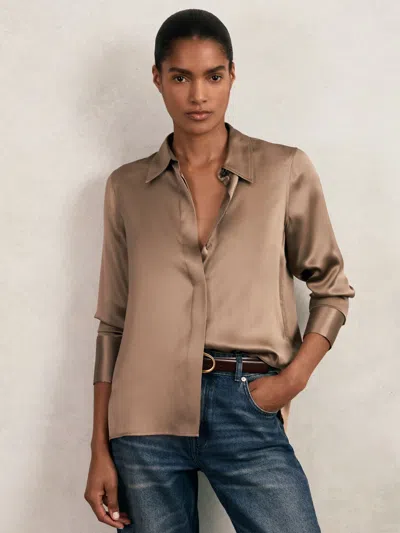 Reiss Taupe Brown Silk-satin Concealed-placket Shirt